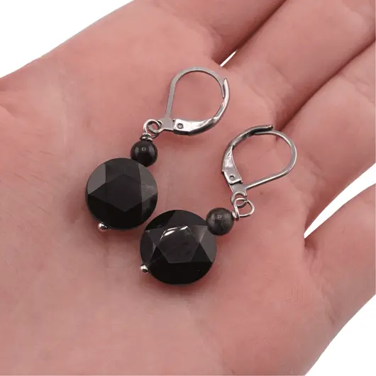 Cercei cu agatatoare obsidian auriu, banut fatetat de 12mm si sfera de 4mm, imagine 3