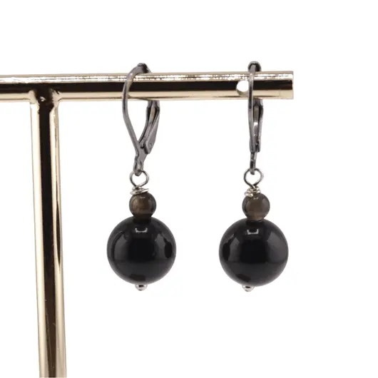 Cercei cu agatatoare obsidian auriu, sfere 10mm si 4mm, imagine 2