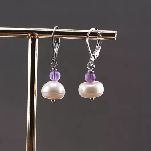 Cercei cu agatatoare perle de cultura 11mm si ametist in Zoisit 4mm, imagine 2