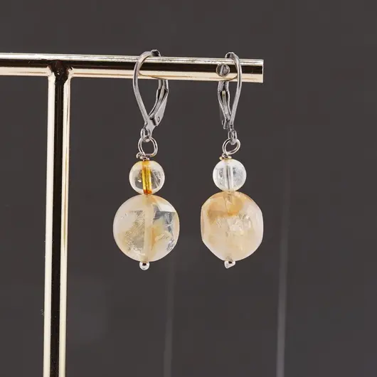 Cercei cu agatatoare citrin, banut fatetat de 10mm si sfera de 4mm, imagine 2