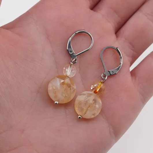 Cercei cu agatatoare citrin, banut fatetat de 10mm si sfera de 4mm, imagine 3