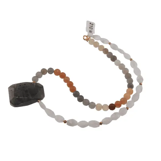 Colier cristale naturale Piatra Lunii si Labradorit  7-12mm, pandantiv Labradorit 32mm si metal auriu
