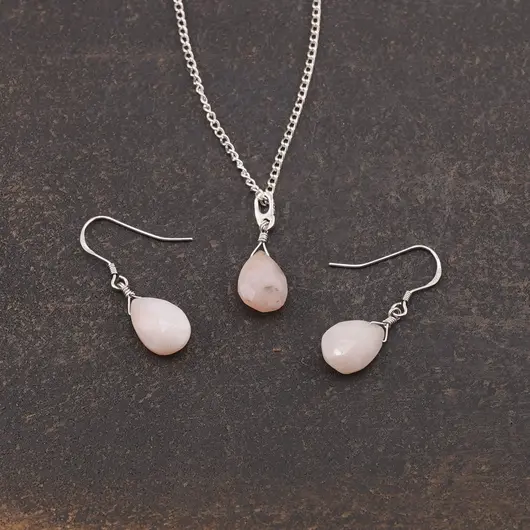 Set Cercei cu agatatoare si pandantiv Opal roz briolete si Argint 925, 14-16mm