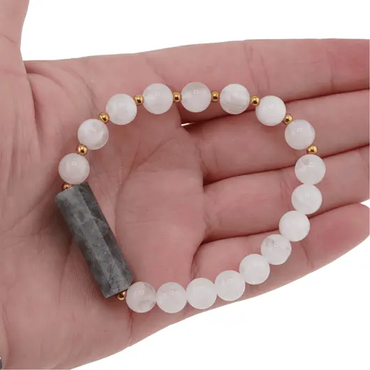 Bratara cristale naturale Piatra lunii 8mm si Labradorit 25mm cu bumbi aurii pe elastic, imagine 3