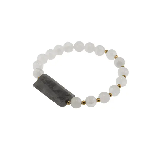 Bratara cristale naturale Piatra lunii 8mm si Labradorit 25mm cu bumbi aurii pe elastic