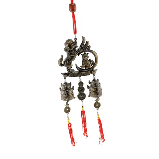 Clopotei de vant din metal cu 2 ramuri, catelusi si banuti chinezesti- 30cm, imagine 3