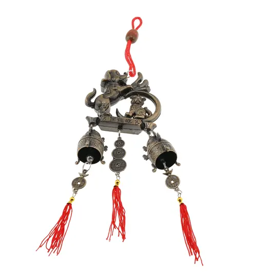 Clopotei de vant din metal cu 2 ramuri, catelusi si banuti chinezesti- 30cm