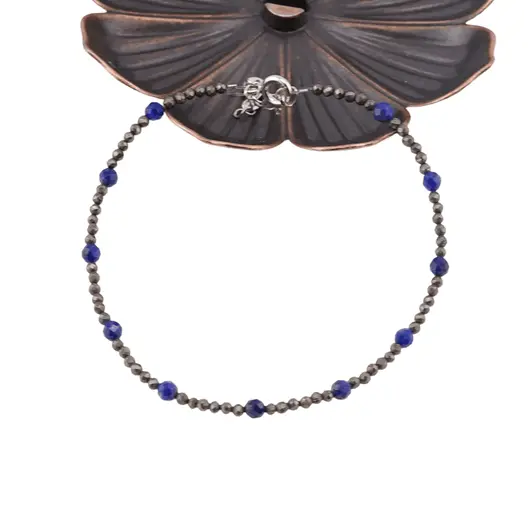 Bratara Lapis Lazuli si Pirita sfere fatetate cu Argint 925, 2-3mm, imagine 2