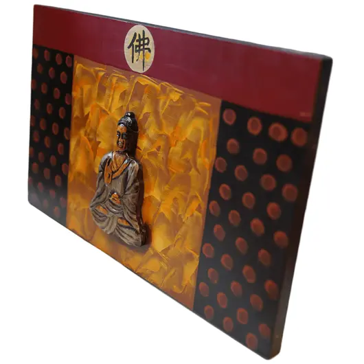 Tablou canva cu buline si Buddha sculptat in lemn, 48cm x 30cm, imagine 2