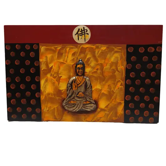 Tablou canva cu buline si Buddha sculptat in lemn, 48cm x 30cm