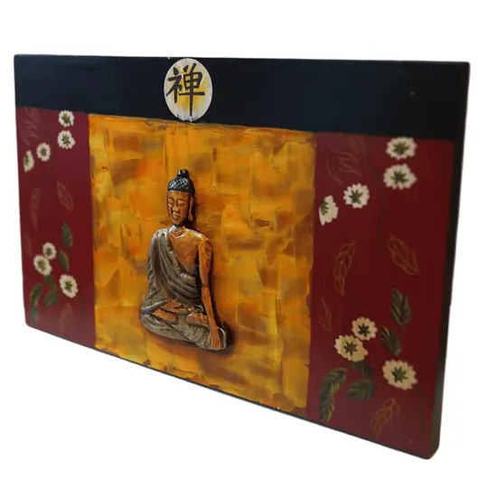 Tablou canva cu flori si Buddha sculptat in lemn, 48cm x 30cm, imagine 2