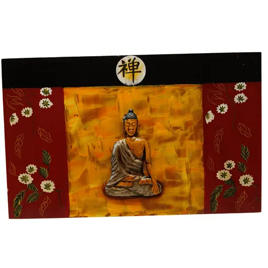 Tablou canva cu flori si Buddha sculptat in lemn, 48cm x 30cm