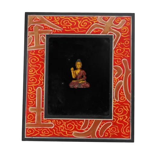 Tablou cu Buddha din rasina si rama de lemn rosie, 28cm x 24cm