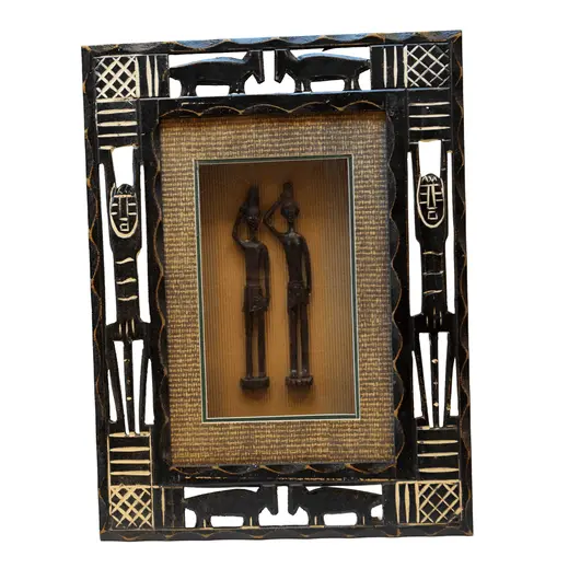Tablou cu rama din lemn sculptat si siluete arta africana, 40cm x 30cm
