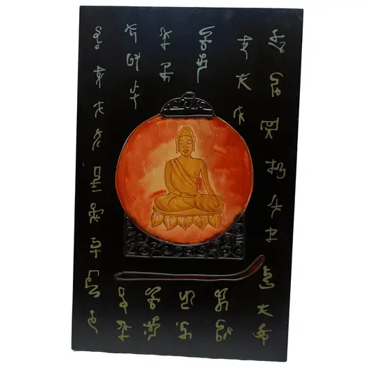 Tablou vertical din lemn cu Buddha pe lotus model 1, 48cm x 30cm