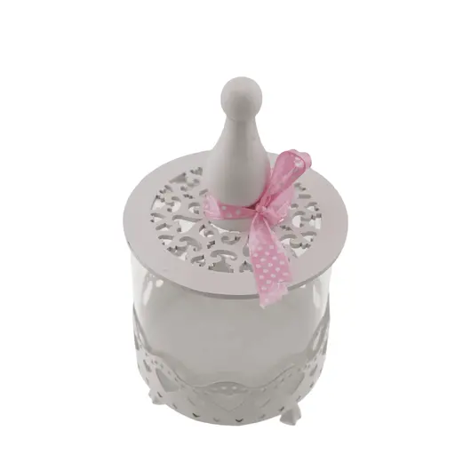 Vas din sticla pentru depozitare cu suport metalic si capac din lemn perforat, alb 17cm, imagine 5
