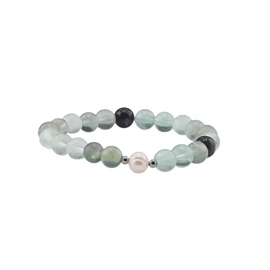 Bratara Fluorit sfere si Perla de cultura cu elemente argintii pe elastic, 8mm, imagine 4