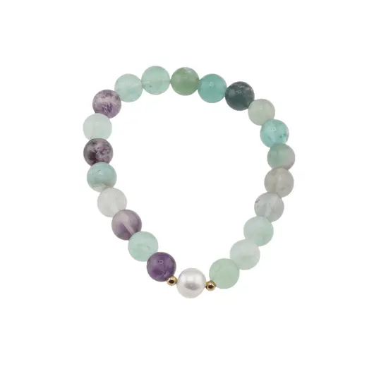 Bratara Fluorit sfere si Perla de cultura cu elemente aurii pe elastic, 8mm