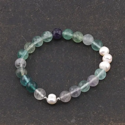 Bratara Fluorit sfere si Perle de cultura cu elemente argintii pe elastic, 8mm, imagine 3