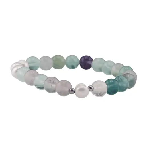 Bratara Fluorit sfere si Perle de cultura cu elemente argintii pe elastic, 8mm, imagine 5