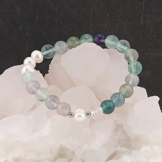Bratara Fluorit sfere si Perle de cultura cu elemente argintii pe elastic, 8mm, imagine 6