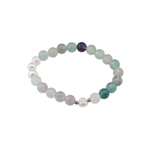 Bratara Fluorit sfere si Perle de cultura cu elemente argintii pe elastic, 8mm