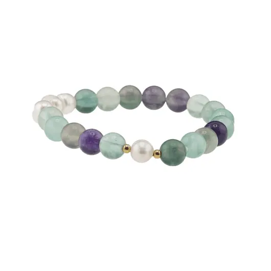 Bratara Fluorit sfere si Perle de cultura cu elemente aurii pe elastic, 8mm, imagine 5