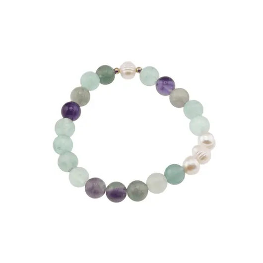 Bratara Fluorit sfere si Perle de cultura cu elemente aurii pe elastic, 8mm
