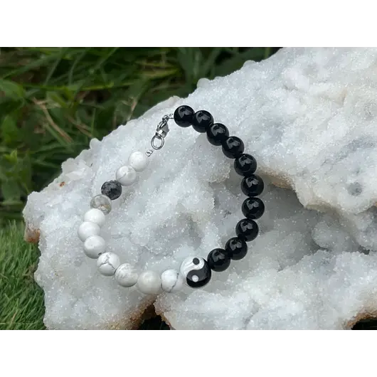 Bratara Yin Yang Howlit, Onix si Sidef sfere, 8mm, imagine 4
