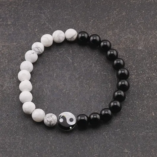 Bratara Howlit, Onix sfere si Sidef banut Yin Yang pe elastic, 8mm, imagine 2