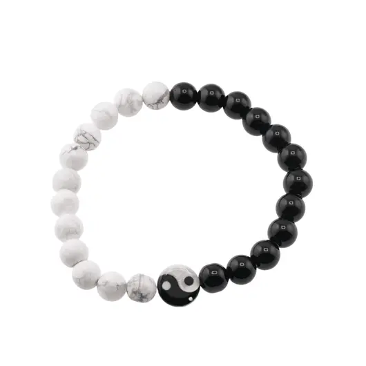 Bratara Howlit, Onix sfere si Sidef banut Yin Yang pe elastic, 8mm