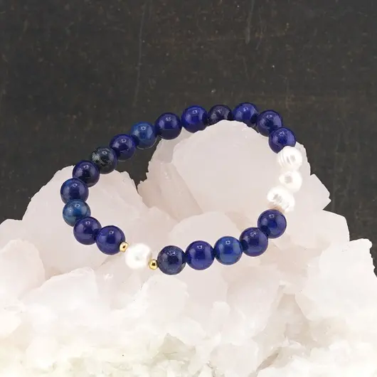 Bratara Lapis Lazuli si Perle de cultura sfere cu elemente aurii pe elastic, 8mm, imagine 3
