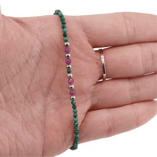 Bratara Malachit si Rubin sfere fatetate, elemente inox argintiu, 2-3mm, imagine 3