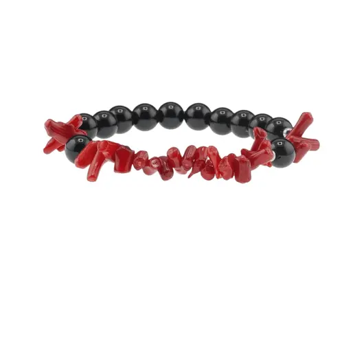 Bratara Obsidian negru sfere 8mm si Coral rosu freeform 6-15mm cu elemente argintii pe elastic, imagine 2