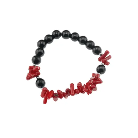 Bratara Obsidian negru sfere 8mm si Coral rosu freeform 6-15mm cu elemente argintii pe elastic