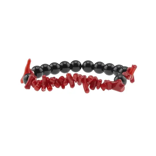 Bratara Obsidian negru sfere 8mm si Coral rosu freeform 6-15mm cu elemente aurii pe elastic, imagine 2