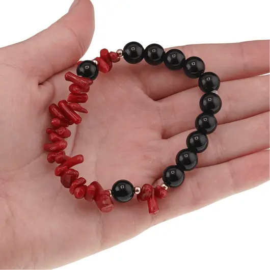 Bratara Obsidian negru sfere 8mm si Coral rosu freeform 6-15mm cu elemente aurii pe elastic, imagine 4