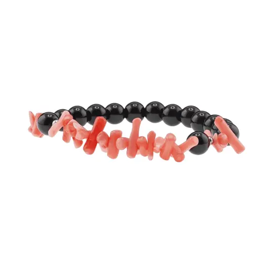 Bratara Obsidian negru sfere 8mm si Coral roz freeform 6-15mm cu elemente argintii pe elastic, imagine 3