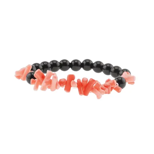 Bratara Obsidian negru sfere 8mm si Coral roz freeform 6-15mm cu elemente aurii pe elastic, imagine 2