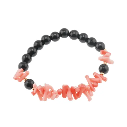Bratara Obsidian negru sfere 8mm si Coral roz freeform 6-15mm cu elemente aurii pe elastic
