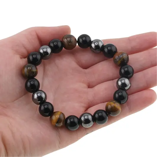 Bratara pentru protectie Ochi de tigru, Hematit si Obsidian negru sfere pe elastic, 10mm, imagine 3