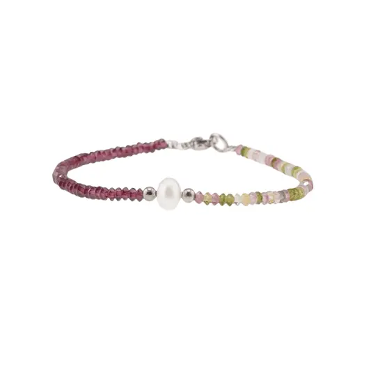 Bratara Turmalina multicolora si Granat Rhodolit discuri fatetate 3mm si Perla de cultura 7mm cu elemente argintii, imagine 2