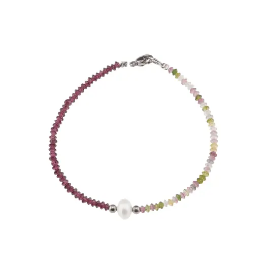 Bratara Turmalina multicolora si Granat Rhodolit discuri fatetate 3mm si Perla de cultura 7mm cu elemente argintii