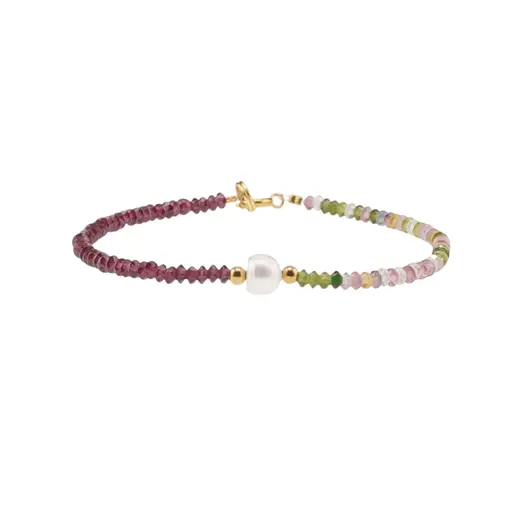 Bratara Turmalina multicolora si Granat Rhodolit discuri fatetate 3mm si Perla de cultura 7mm cu elemente aurii, imagine 2