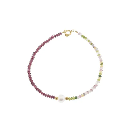 Bratara Turmalina multicolora si Granat Rhodolit discuri fatetate 3mm si Perla de cultura 7mm cu elemente aurii