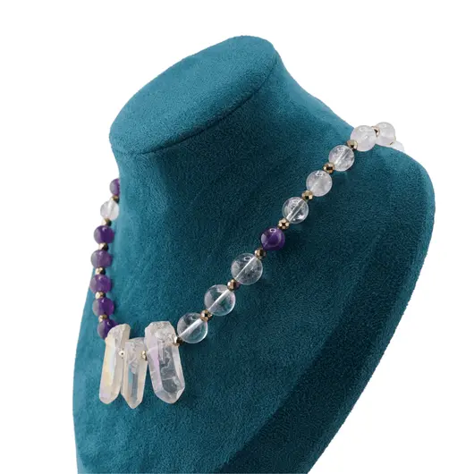 Colier asimetric Cristal de stanca, Ametist, Hematit auriu si Angel aura Cuart cu varf, imagine 3