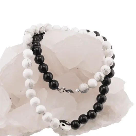 Colier Howlit, Onix sfere si Sidef banut Yin Yang, 8mm, imagine 2