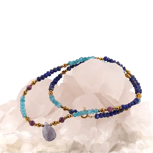 Colier Lapis Lazuli, Apatit, Rubin, Iolith si Hematit auriu, 2-15mm, imagine 2