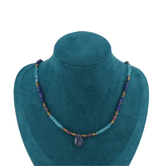 Colier Lapis Lazuli, Apatit, Rubin, Iolith si Hematit auriu, 2-15mm, imagine 3