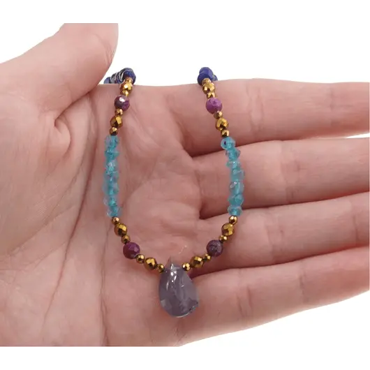 Colier Lapis Lazuli, Apatit, Rubin, Iolith si Hematit auriu, 2-15mm, imagine 5